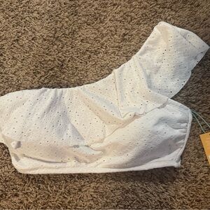 Kona Sol White Eyelet‎ One-Shoulder Bathing Suit Top NWT